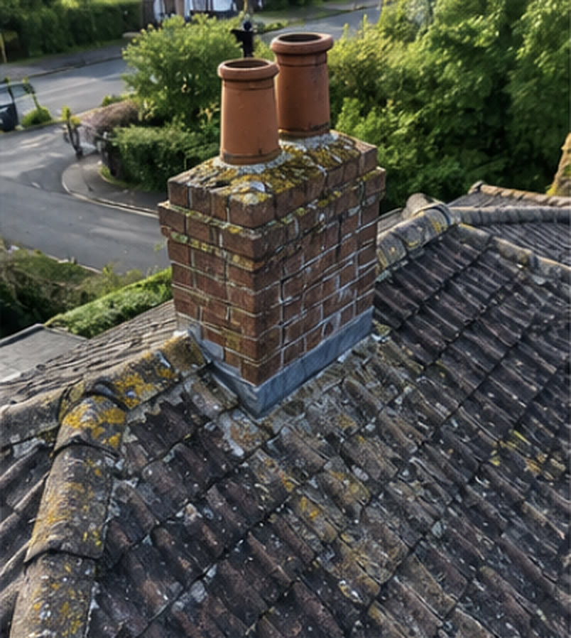 Brick chimney stack with two clay pots and lead flashing