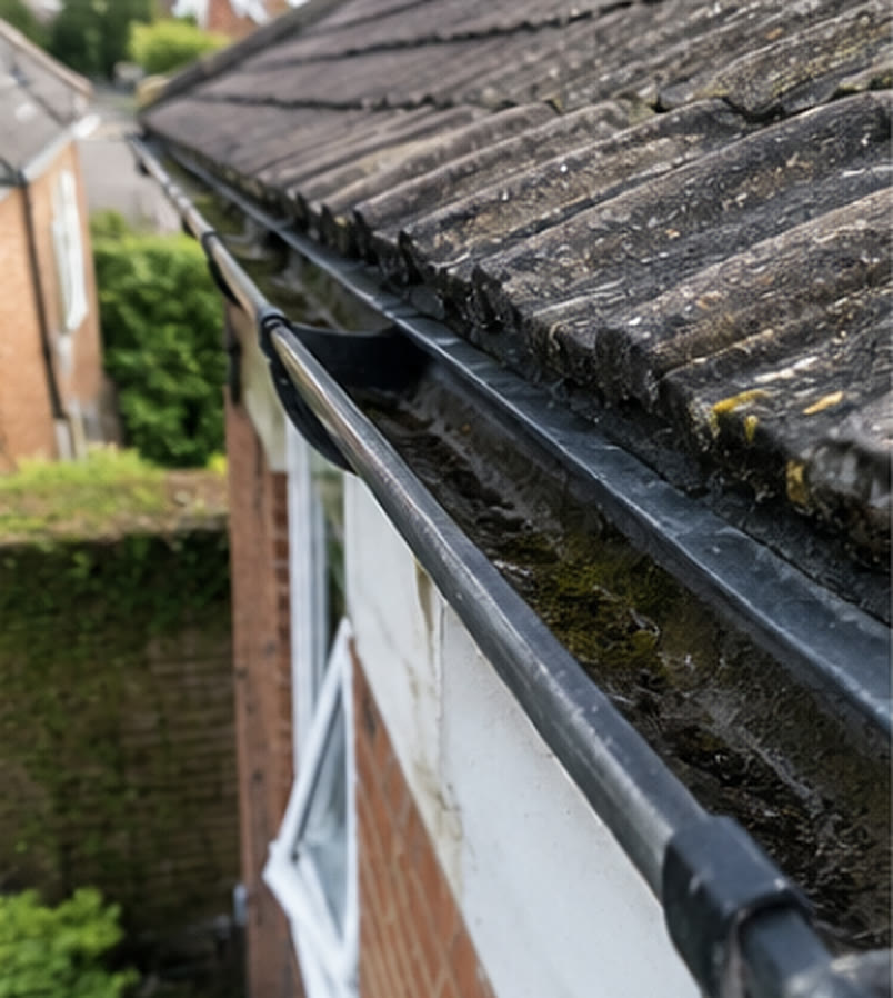 Gutter running along the roof edge with moss and debris inside