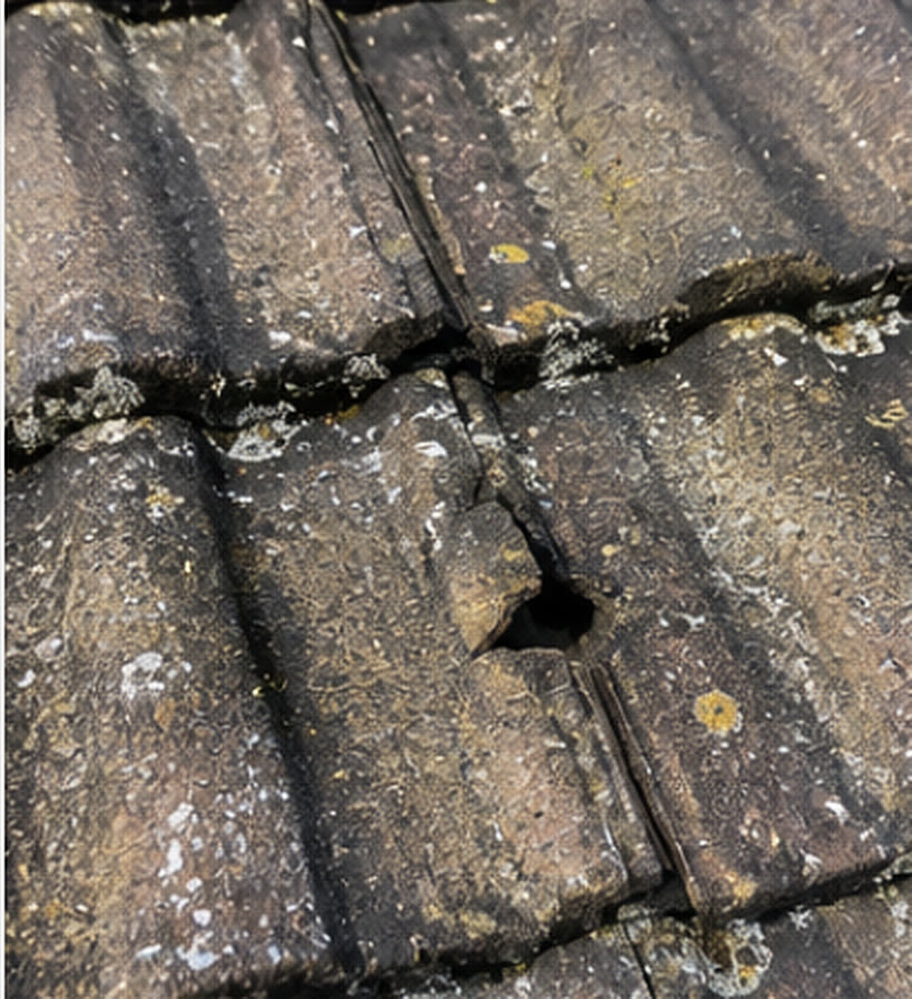 Close-up of a cracked concrete roof tile with a hole worn through it