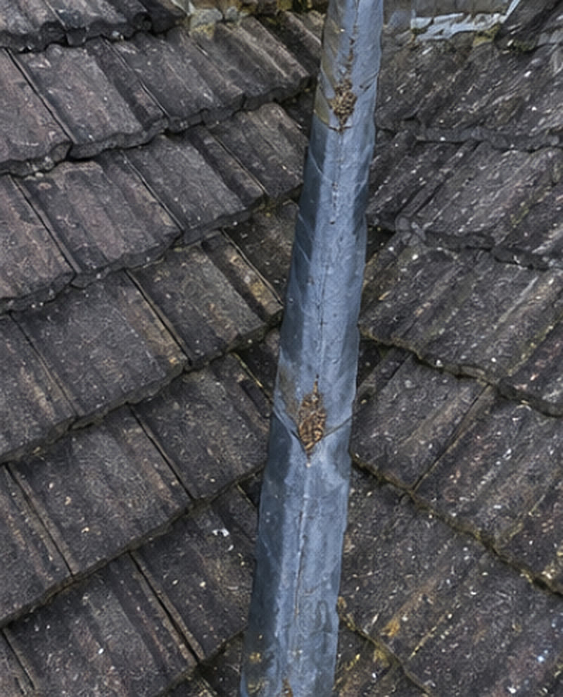 Metal roof valley running between tiled slopes