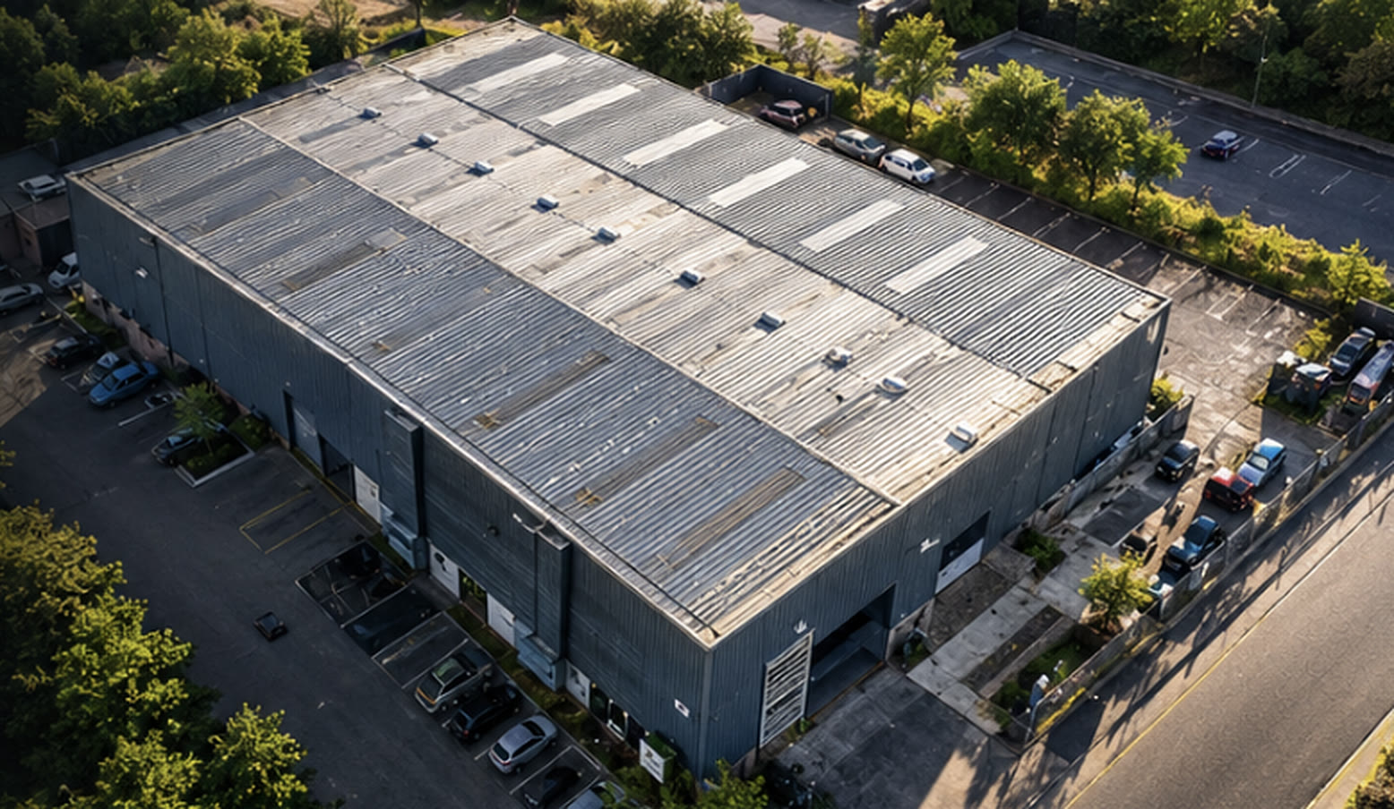 Example aerial photo of a large warehouse with a metal sheet roof and rooflights