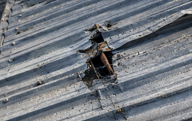 Close-up of a torn and holed metal roof panel