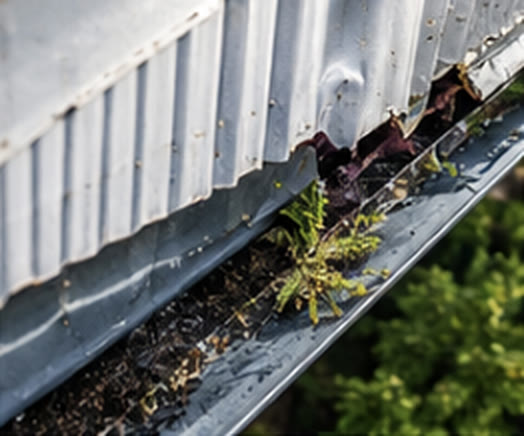 Gutter with plants and debris growing in it