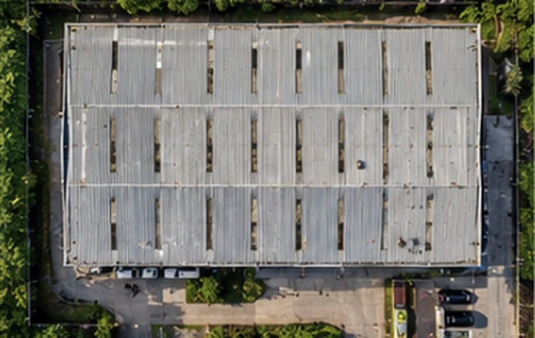 Top-down view of the full warehouse roof